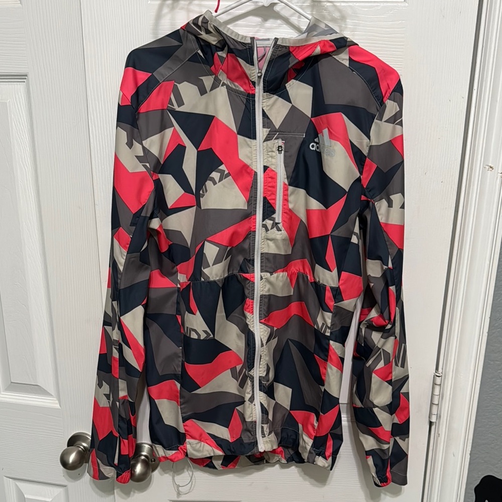 Adidas Pink and Gray Windbreaker with Geometric Design